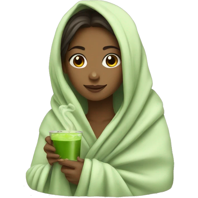 A girl in a blanket with a hot matcha emoji