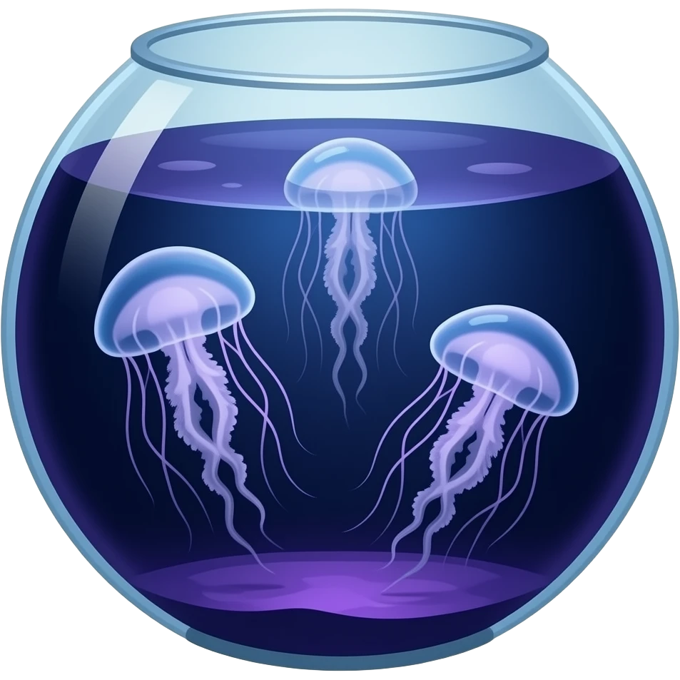 Big three jellyfish in a flat round aquarium swimming blue and purple light (dark water) emoji