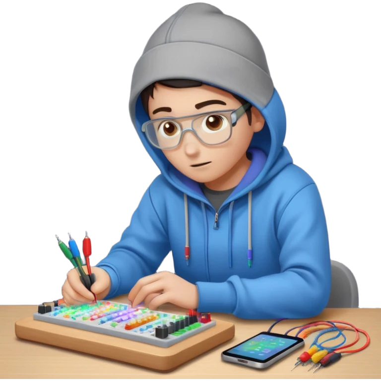 An emoji of an engineer working on a complex breadboard with many colorful wires and components. A Wi-Fi signal icon pulses above their head. They wear a hoodie and have a focused expression. Simple, cute, icon style. emoji