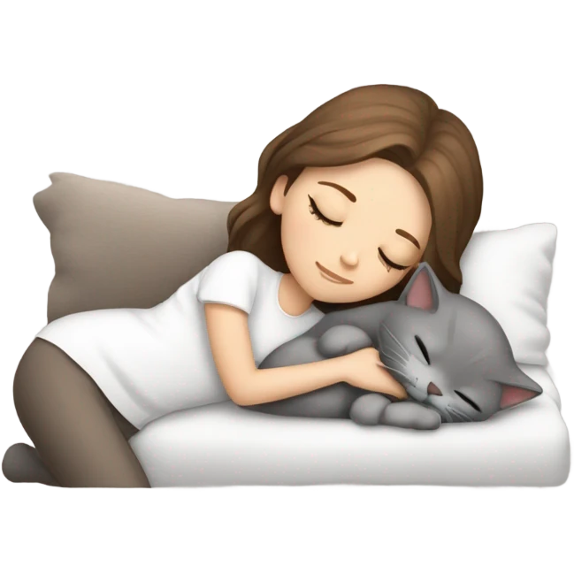 White girl brown hair sleeping with grey kitty emoji