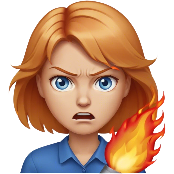 woman with long strawberry blond hair and blue eyes angrily setting fires emoji
