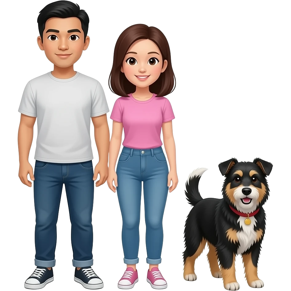 Asian couple and black mixed terrier dog emoji