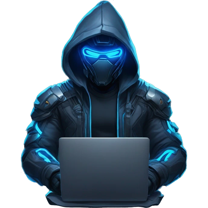 developer behind his laptop with this style : crysis Cyberpunk Riot Games Valorant neon glowing bright blue character blue black hooded assassin themed character emoji