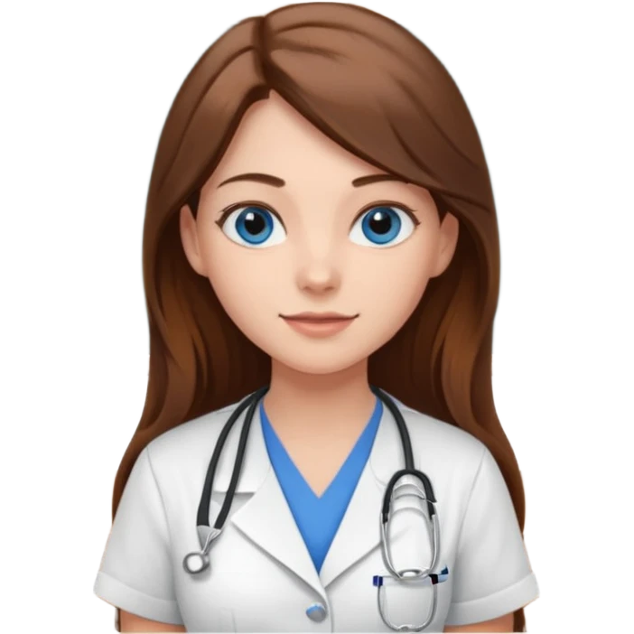 pretty female nursing student with long brown hair, blue eyes inside a classroom at university with blackboard behind her emoji