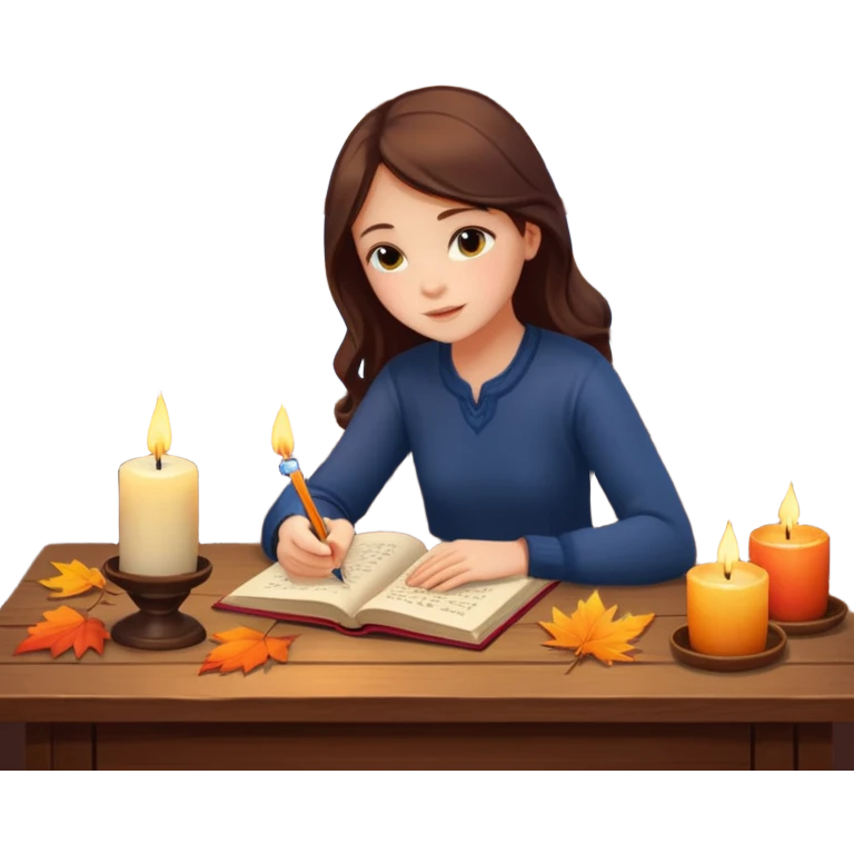 Girl writing in a journal on a desk with a candle on it by a window with fall scenery outside  emoji