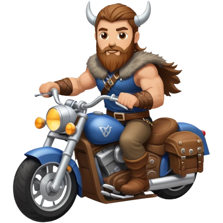 white guy with brown hair and a brown beard riding a motorcycle. he’s buff and looks kind of like a viking emoji