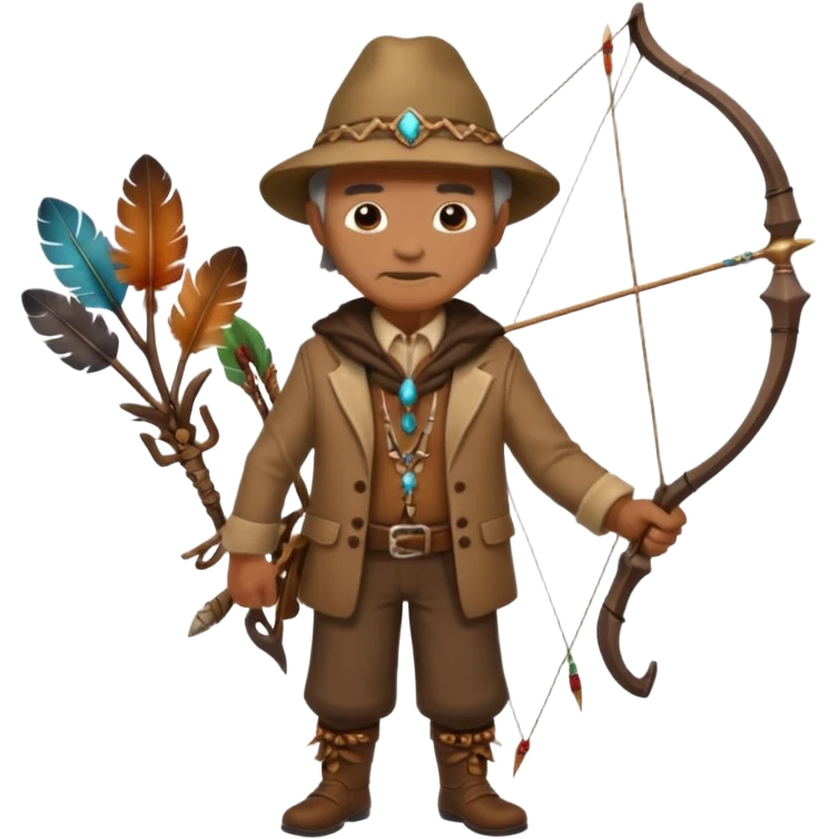 The classic image of a middle-aged uncle hunter carrying a bow, dressed in brown clothes, with some ornaments made of feathers, bones or teeth on his body. emoji