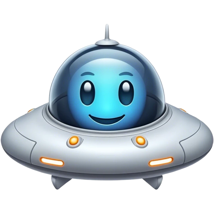 Design a simple, friendly spaceship with a smooth, rounded shape. Add a clear 'face' on the front using glowing lights for eyes and a curved line for a smile, giving it personality. Use a plain background to keep the focus on the ship emoji