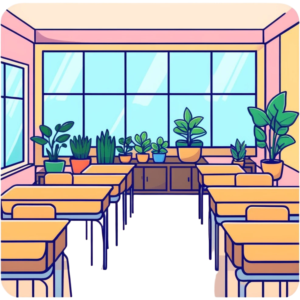 cartoon cozy classroom with plants, sunlight, and soft colors emoji