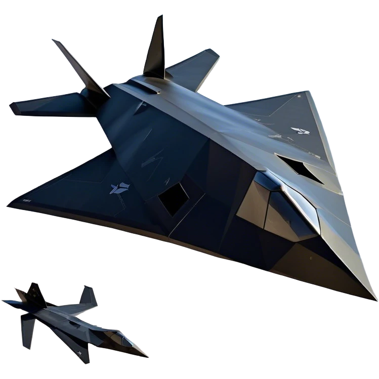 F-117 Nighthawk - Lockheed Martin (Stealth Grey) A futuristic stealth attack aircraft with a distinct faceted, angular design in a stealthy matte grey. Its sharp, jagged edges and unconventional, almost alien-like shape make it look like a shadow cutting through the night sky. The surface should appear non-reflective with subtle panel lines. emoji
