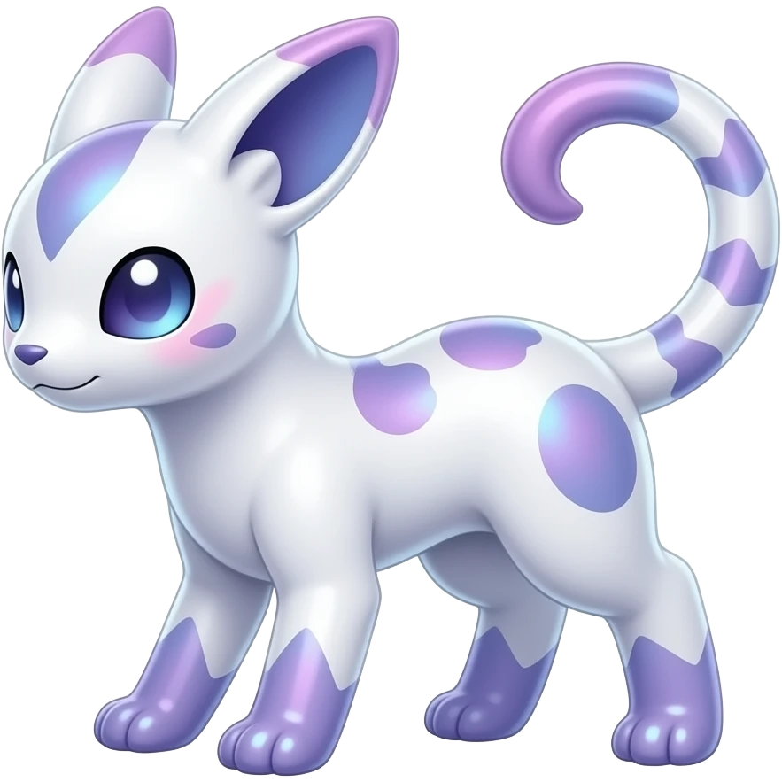 Shiny iridescent glossy oily smooth silky soft White with indigo-Violet-purple-pinkish-gradient markings beautiful handsome gorgeous aesthetic colorful vibrant Vernid-Trico-species-Fakemon-creature by LiLaiRa, 4 legs, 1 tail, random markings, (full body) emoji