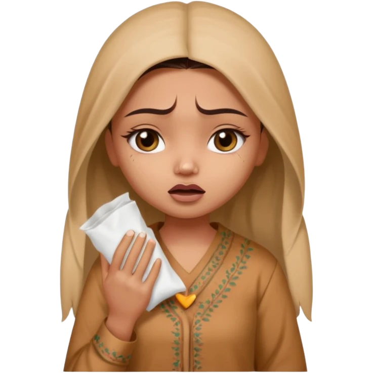 a pretty bratz fair indian girl wearing a brown pajamas, dark circles, crying, holding tissues emoji