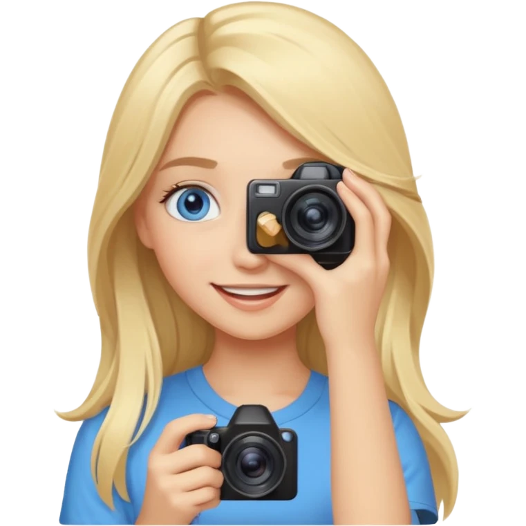 blue eyes blonde girl photographer cartoon taking picture in middle of taking picture camera in front of face long hair smiling funny flash professiona emoji