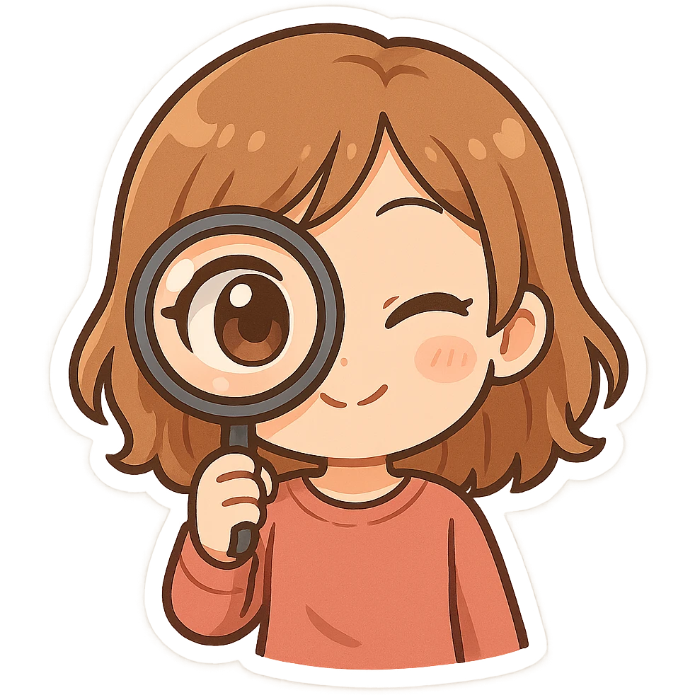 Create a 3D chibi bitmoji style sticker of the girl from the reference image, preserving the same face, hair, and style. She is looking at the viewer through a magnifying glass, with her face close to the screen and part of her face and eye enlarged in the glass. The sticker should have a white outline and a transparent background. emoji