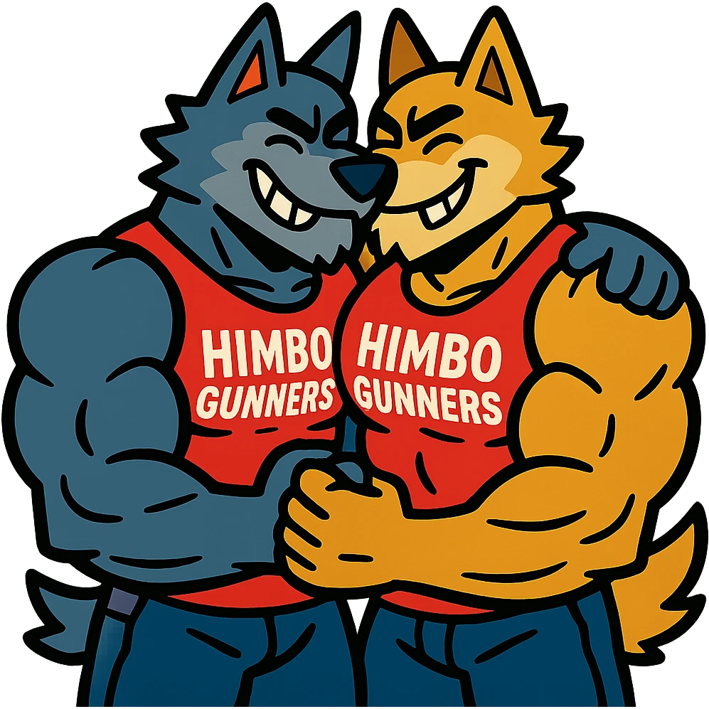 keep only the two super buff wolf furries in 'Himbo gunners' t-shirts hugging emoji