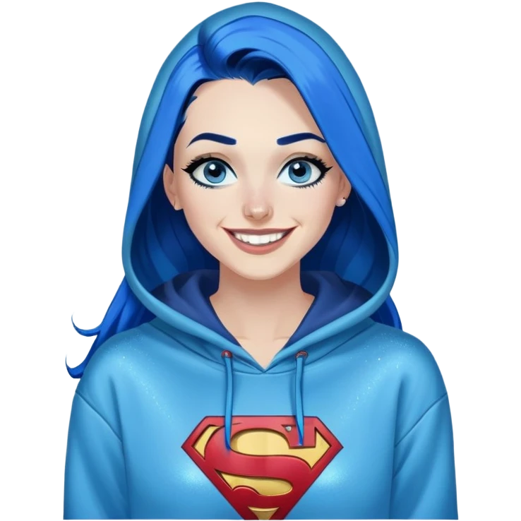 Laughing-30-year-old-adult-long-straight-dark-blue-hair-with-glitter-blue-eyes-thick-black-eyeliner-really-thick-really-long-eye-lashes-sky-blue-superman-no-ears-hoodie-sweatshirt-pierced-nose emoji