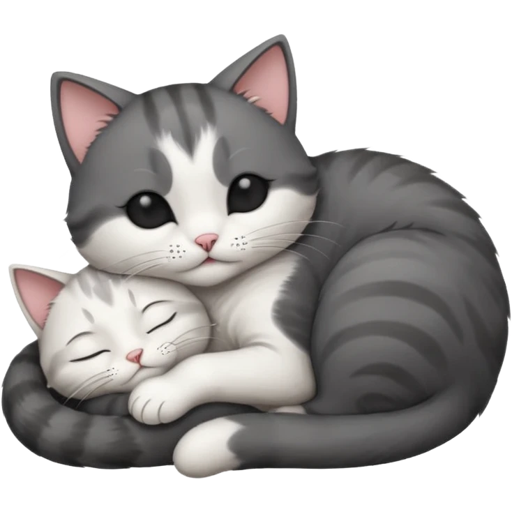 dark grey and white small cat with its eyes closed lying down leaning on its elbow with its paw curled under its head holding it up emoji