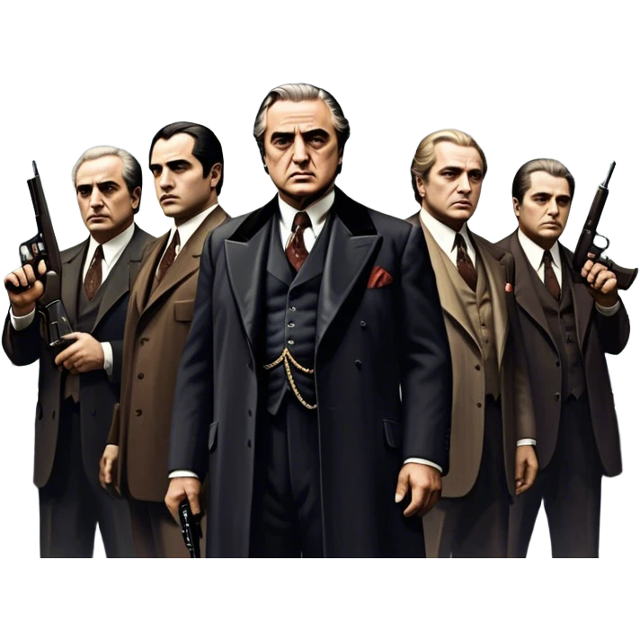 A vintage movie poster-style design featuring Don Vito Corleone surrounded by gangsters with Tommy guns. Include a dark, moody noir atmosphere with skyscrapers of New York in the background. The scene should be tense and mysterious, with a retro cinematic feel. Transparent background. emoji