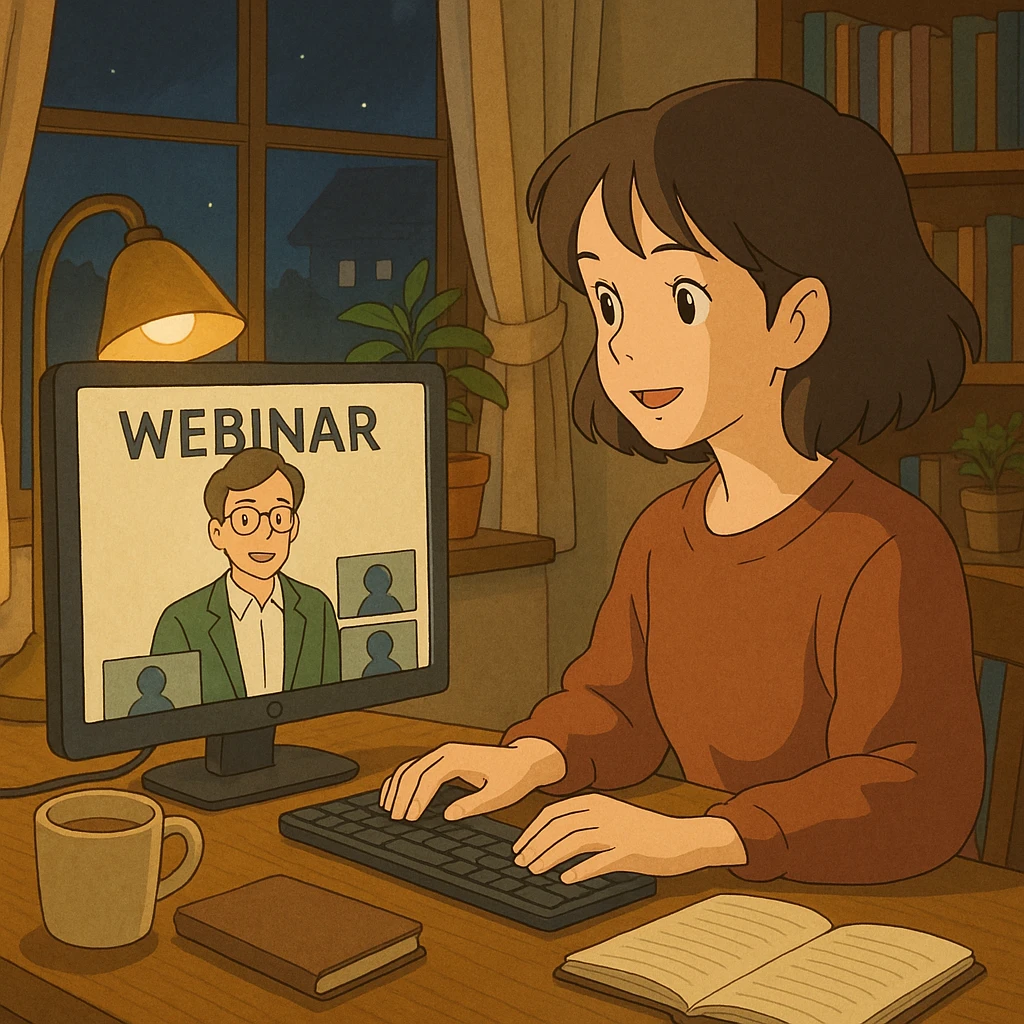 ghibli style webinar with warm lighting, cozy digital meeting scene emoji