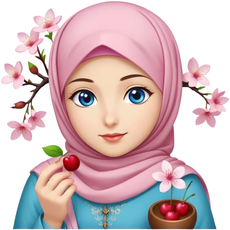 Turkish beautiful finish Konya girl blue eyes with hijab islamic dress and had on her hand cherry blossom emoji