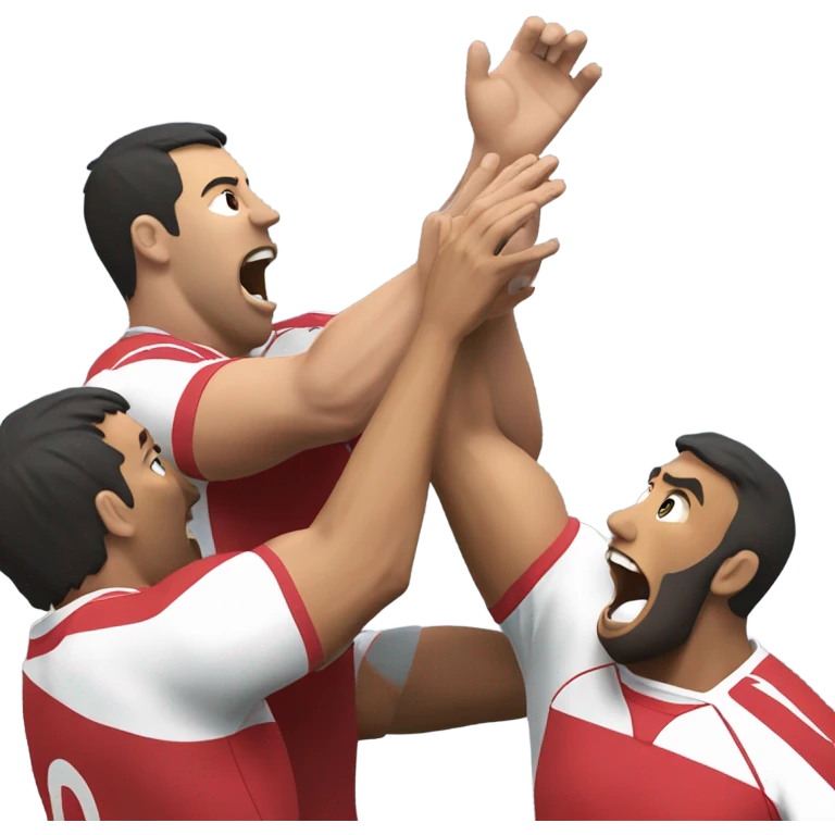 a rugby lineout, two players lifting another who catches the ball with his two hands outstretched emoji