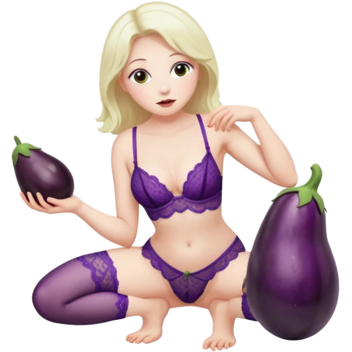 lady with lace lingerie kneeling with eggplant on her face emoji
