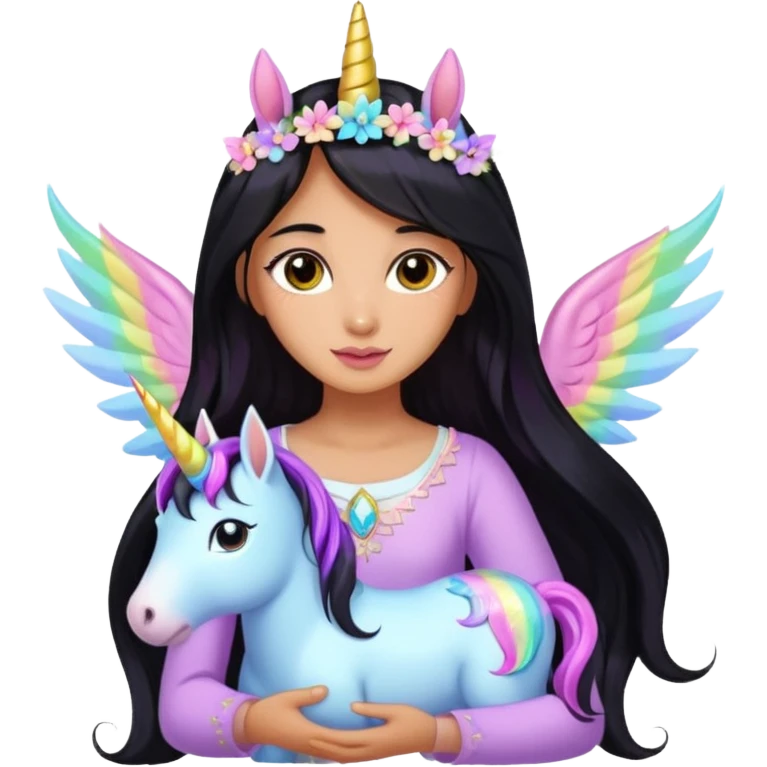 Earthreal sparkly angelic mystical magical shiny pretty Fairy. Dark Brown eyes. Caramel skin. Long black hair. White, hot pink and light blue and lavender and light green and light yellow fairy wings. pet unicorn alongside   emoji