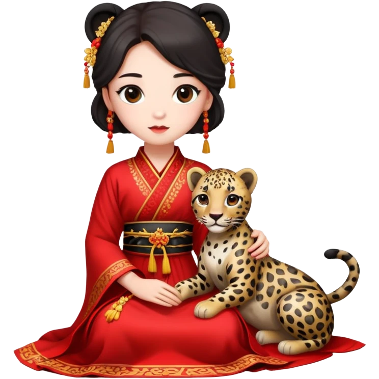 A beautiful girl in red Hanfu wedding dress sits on the ground holding a black leopard emoji