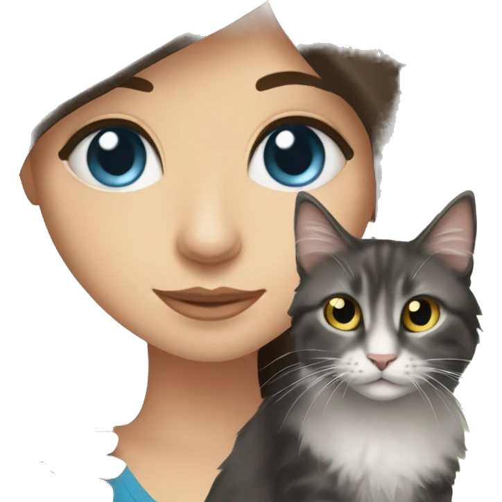 long straight haired blue eyed brunette woman holding norwegian forest cat with amber eyes emoji