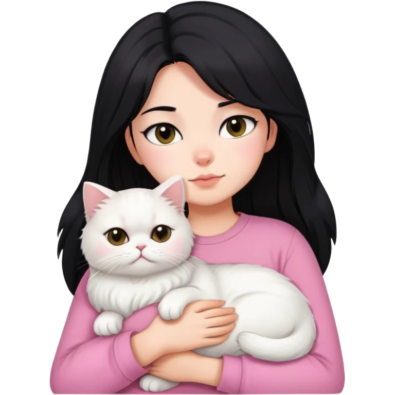Black layered hair girl pink shirt snuggling only one white Persian cat emoji