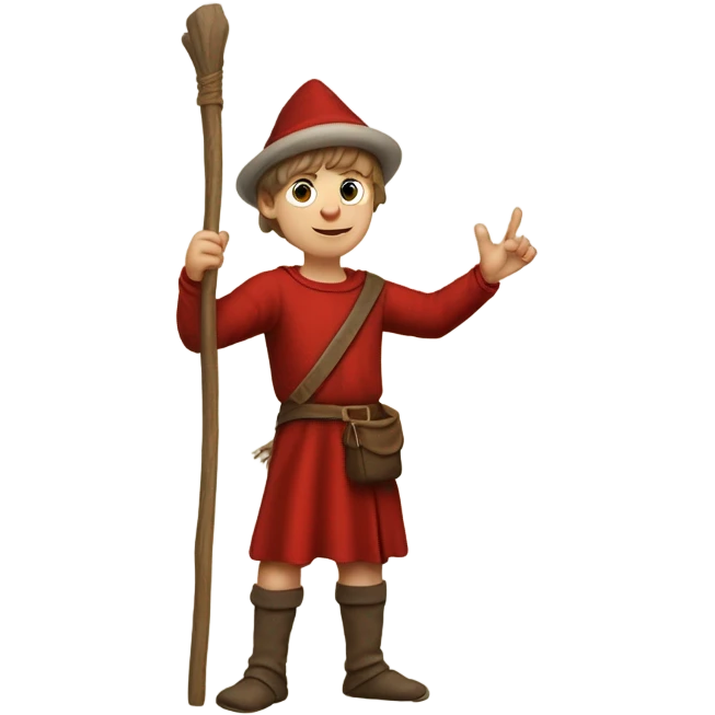 13th century European pilgrim boy with staff, red stockings, short tunic and hat raising his hand in victory emoji