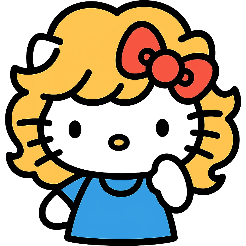 Hello Kitty wearing a wig, cute and playful, simple background emoji