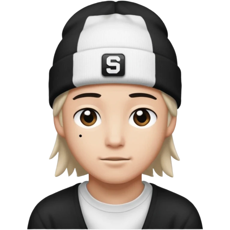 luca wearing a white beanie with a black square logo that says "Steven" on it
 emoji