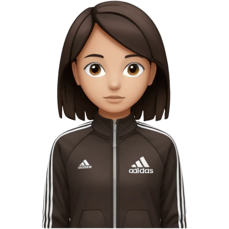 A girl with  medium-length, dark brown hair. The style is a soft, layered cut that falls around her shoulders. wore black Adidas track jacket with white stripes on the sleeves. It has a full zipper down the front, a stand-up collar, and the Adidas logo on the right chest emoji emoji