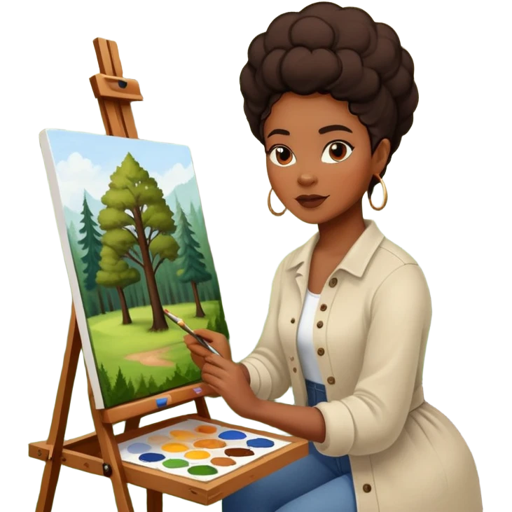 black women painting forest on canvas on painting easel emoji