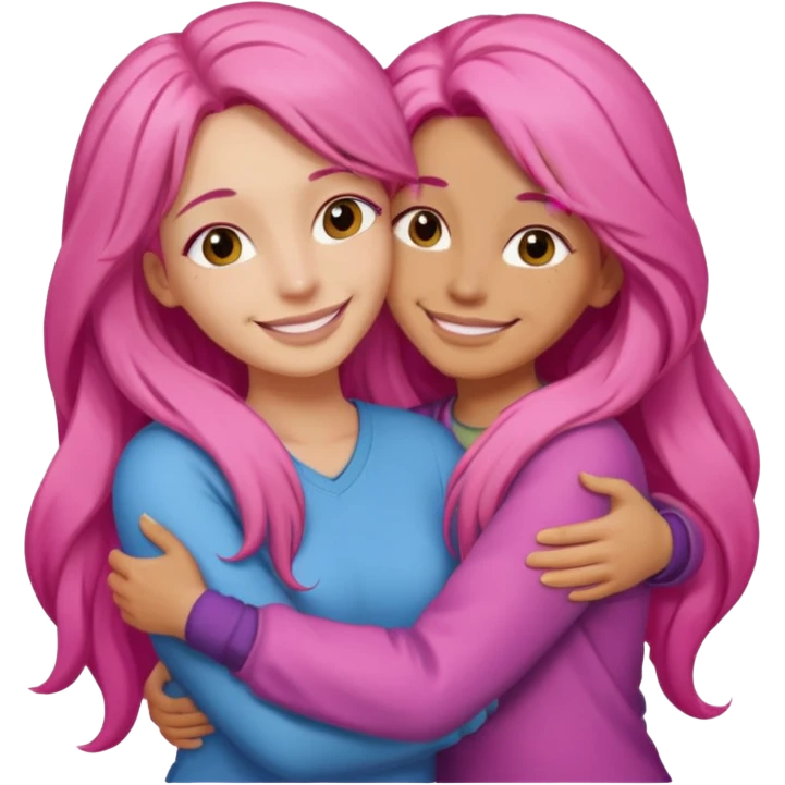 Surprisingly goofy once they open up. Strong, loyal, and incredibly supportive — but still hates wasting time. woman long pink hair hugging another person emoji