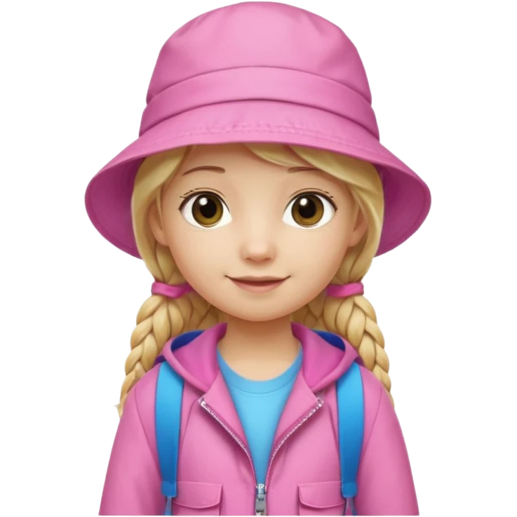 Little student, long braid blonde, wears pink bucket hat and jacket, backpack, happy emoji