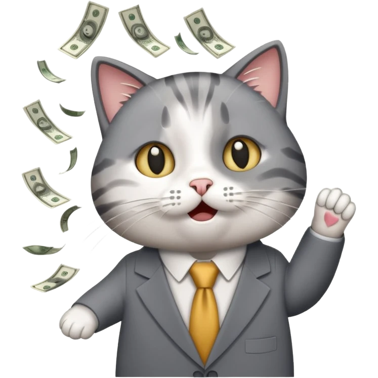 A business cat with money raining down, looking surprised emoji