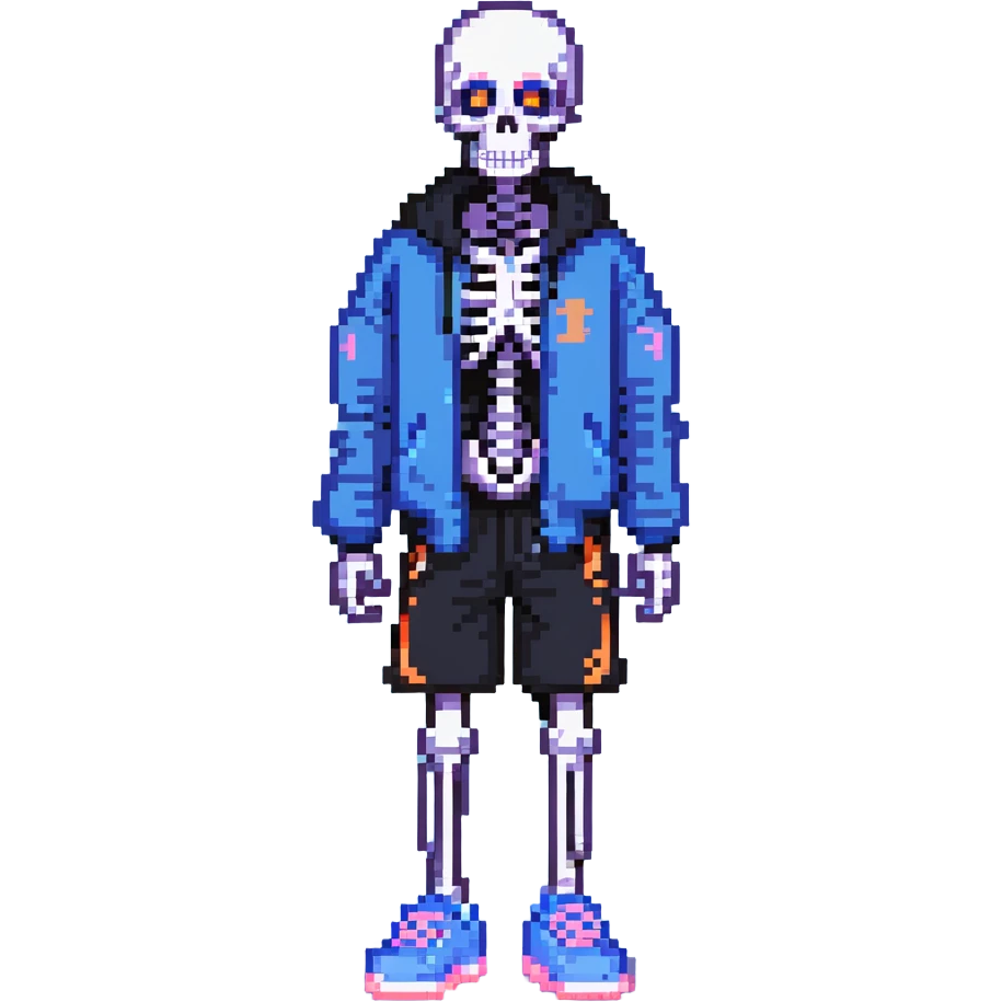 short skeleton with blue jacket, black basketball shorts, light pink slippers, blue glowing left eye emoji