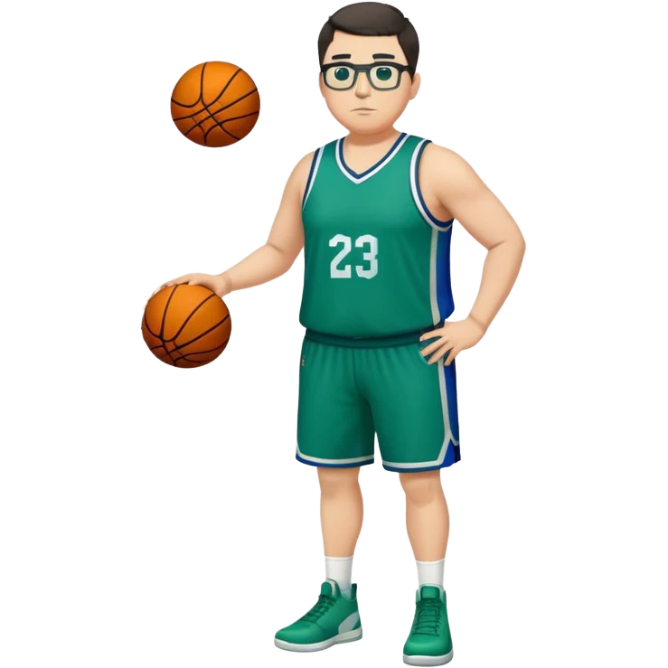 Full Body plus size tall white male with dark short hair basketball player wearing glasses wearing blue  with green uniform emoji
