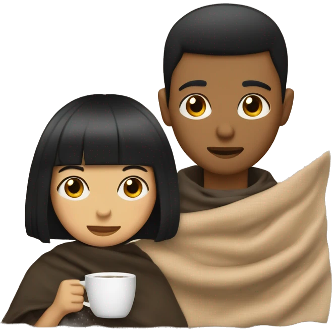 LIGHT BROWN SKIN BOY, with SHORT STRAIGHT BLACK HAIR and a TAN SKIN GIRL, with BLACK HAIR and BANGS, inside a blanket sipping coffee emoji