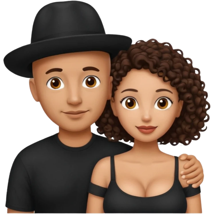 A picture of a tanned couple embracing. the guy is Mexican, with a bald hair cut and he has a hat on. The girl is mixed, the girl is wearing a youblack shirt, the girl has brown curly big hair and the girl has big boobs  emoji
