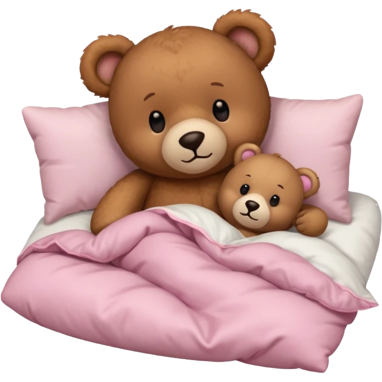 Happy Brown teddy bear cuddling with a light pink teddy bear in bed emoji