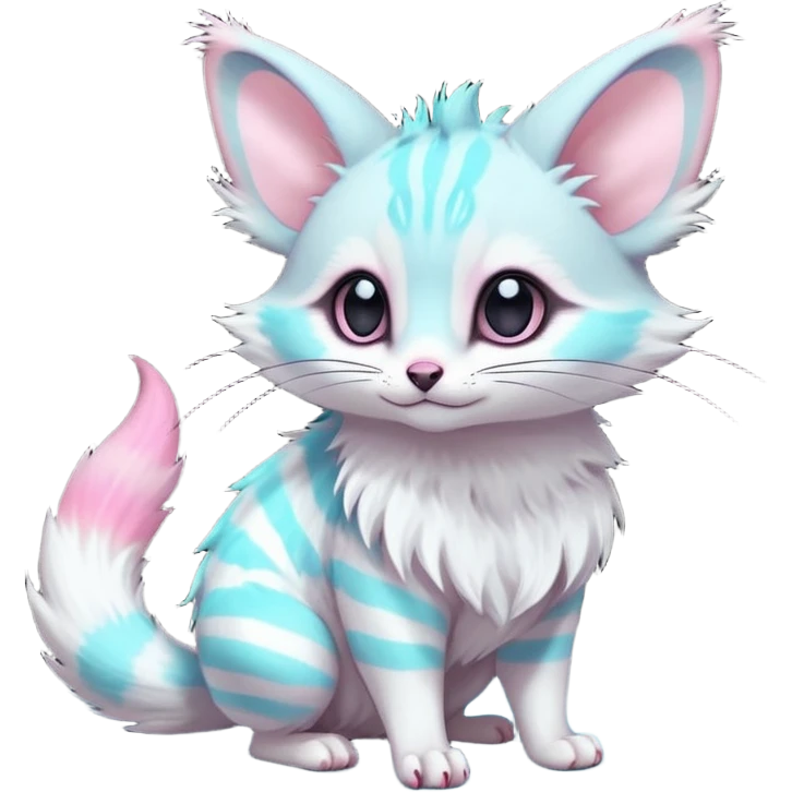 cute adorable whitish pastel fur with glowing bioluminescent random colorful neon-markings iridescent beautiful elegant pretty precious cute young youthful  Fakémon-Pokémon-alien-opossum-feline-serval-caracal-chinchilla-Minccino-hybrid-creature with a big fluffy bushy striped tail (full body) emoji