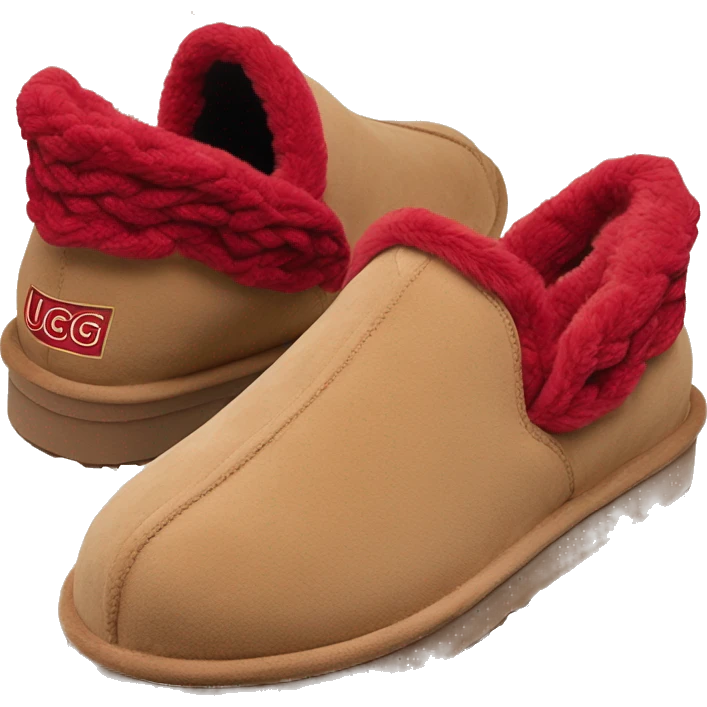 Camel colored platform slip-on UGG slippers. has a Very thin red woven zig-zag trim on the cuff emoji