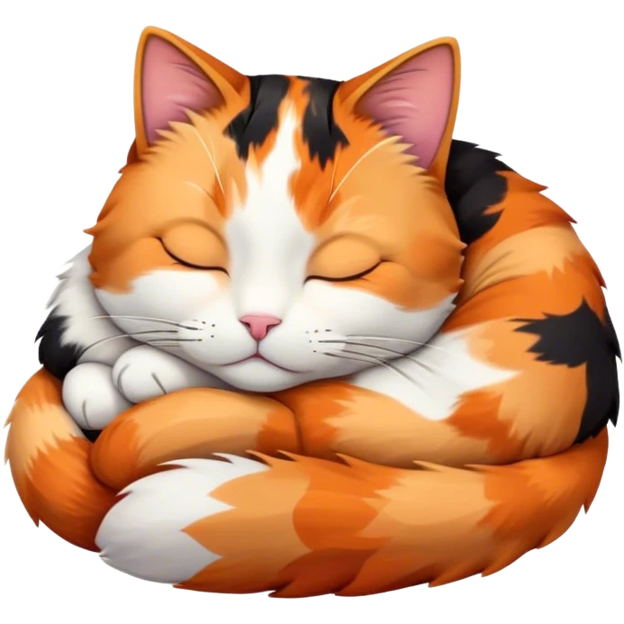 Meme-Worthy Cute Sleeping Calico Cat Portrait Emoji, Head resting peacefully with a content, gentle smile and softly closed eyes, featuring a delicate patchwork fur in vibrant orange, black, and white hues, simplified yet irresistibly endearing, highly detailed, glowing with a soft, drowsy radiance, high shine, exuding relaxed and utterly lovable charm, styled with a gentle, soft glowing outline, capturing the essence of a sleeping calico cat that appears destined to become a viral icon of adorable rest! emoji