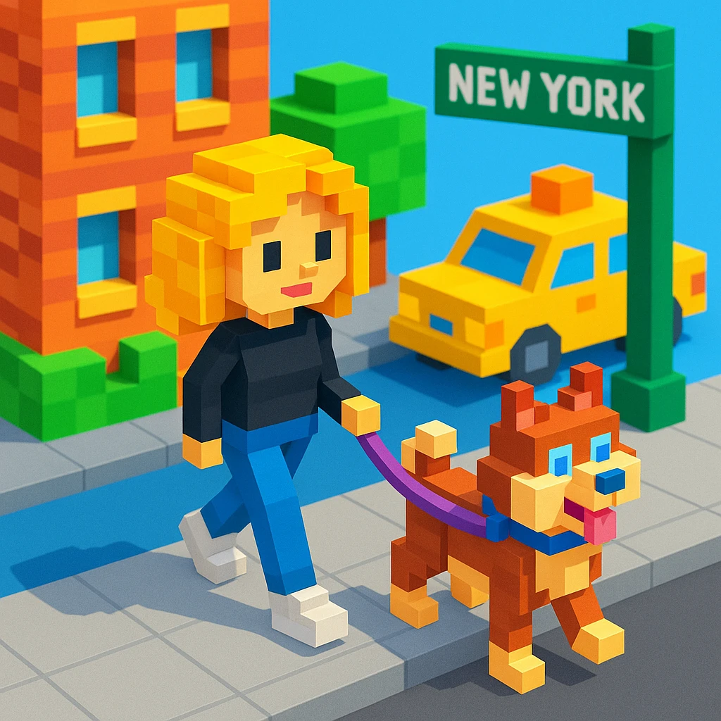 Cute Blonde woman wearing a black sweater and jeans and white sneakers walking a happy red-brown blue-eyed Siberian husky in New York City on an upper east side city sidewalk  emoji