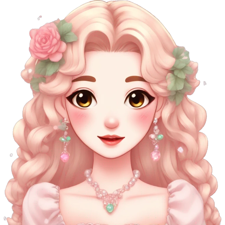 Gorgeous anime style lady with blushing face and accessories cottagecore fairycore Kawaii anime colorful pearly romantic aesthetic trending style emoji