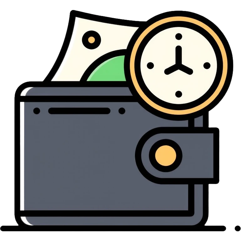 black wallet with dollars visible inside and a small clock in top right corner positioned over the wallet emoji
