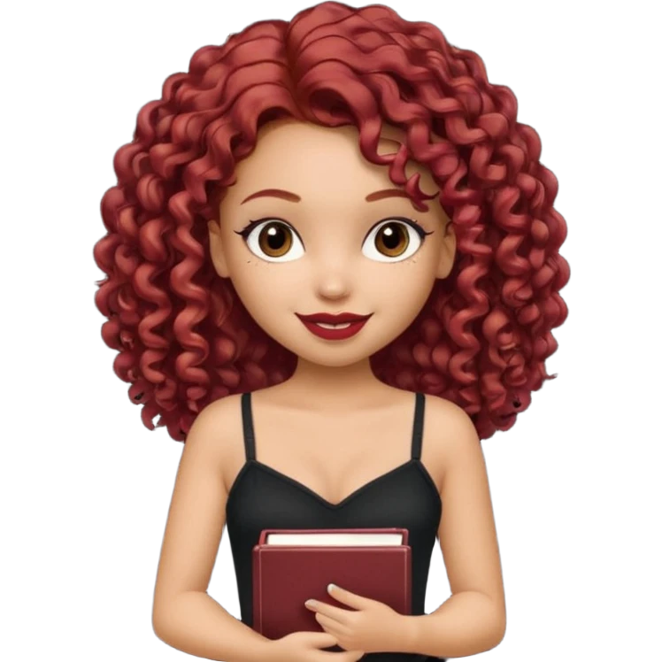 generate a pretty bratz girl curly dark red hair, brown lipstick on, smiling. Book in hand, wearing a black cami top. emoji